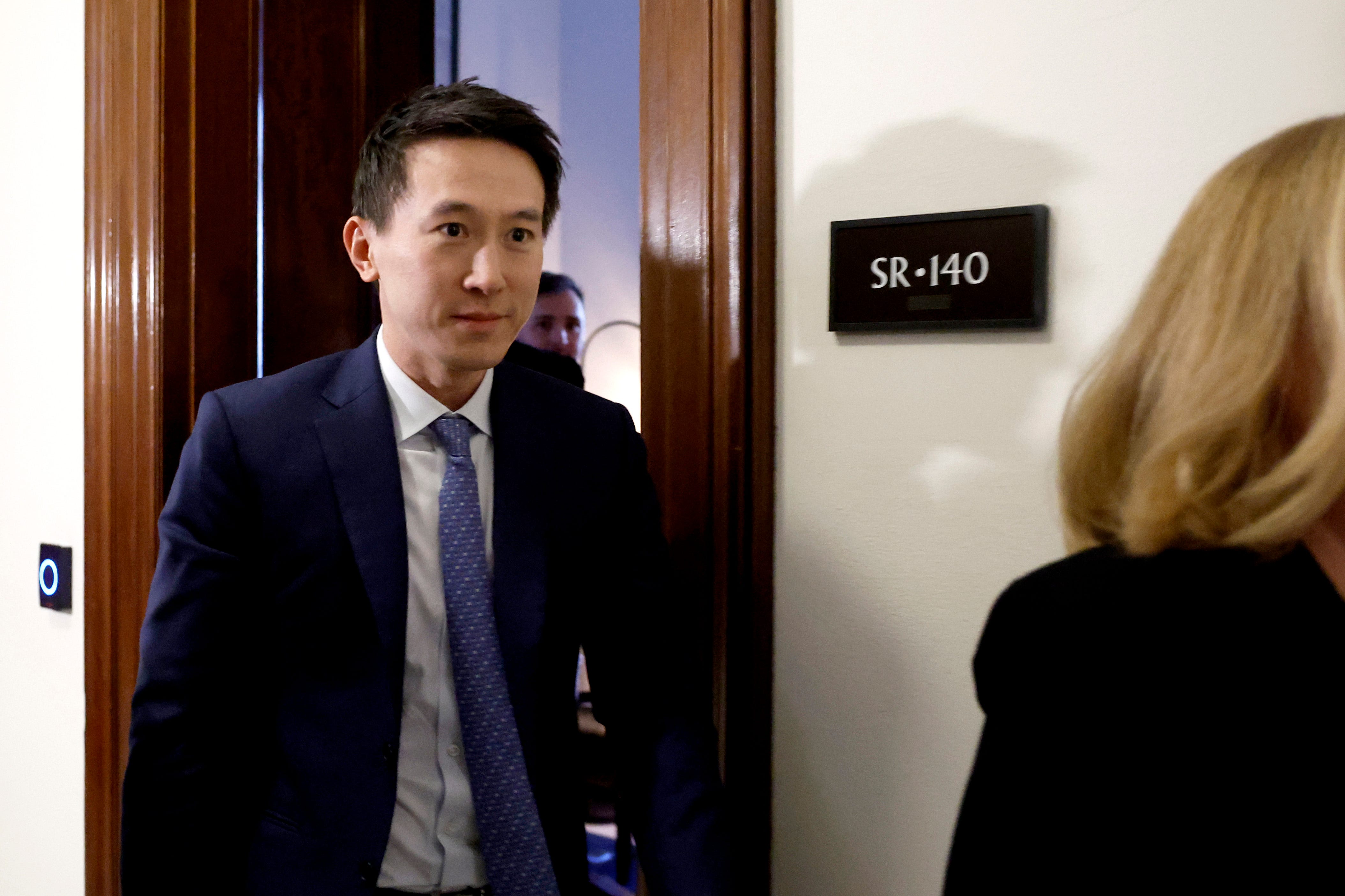 Shou Zi Chew, CEO of TikTok, departs from the office of Sen. John Fetterman (D-PA) at the Russell Senate Office Building on March 14, 2024 in Washington, DC.