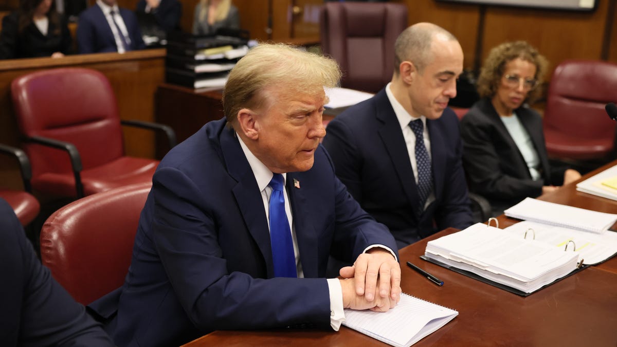 Former President Donald Trump sits in the courtroom during his trial over charges that he falsified business records to conceal money paid to silence porn star Stormy Daniels in 2016, in Manhattan state court in New York City, U.S. April 18, 2024.