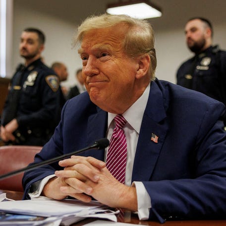 Former U.S. President and current Republican presidential candidate Donald Trump sits at the defendant's table at Manhattan Criminal Court in New York, New York, USA, 19 April 2024.