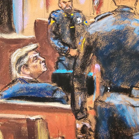 In a courtroom sketch, former President Donald Trump sits beside his lawyer Emil Bove during jury selection of his criminal trial on charges that he falsified business records to conceal money paid to silence porn star Stormy Daniels in 2016, in Manhattan on April 19.