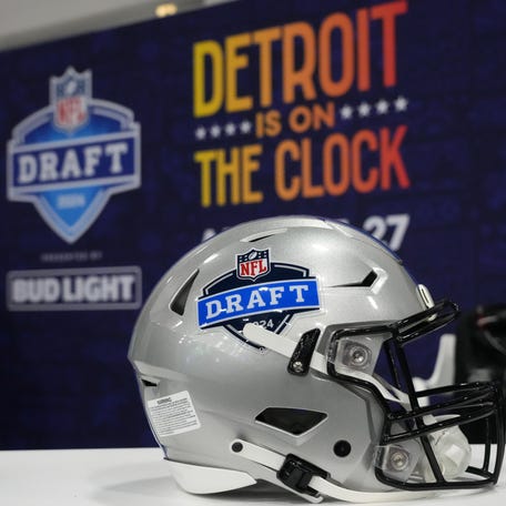 Feb 5, 2024; Las Vegas, NV, USA; A helmet with the 2024 NFL Draft in Detroit logo at the Super Bowl 58 media center at the Mandalay Bay resort and casino. Mandatory Credit: Kirby Lee-USA TODAY Sports