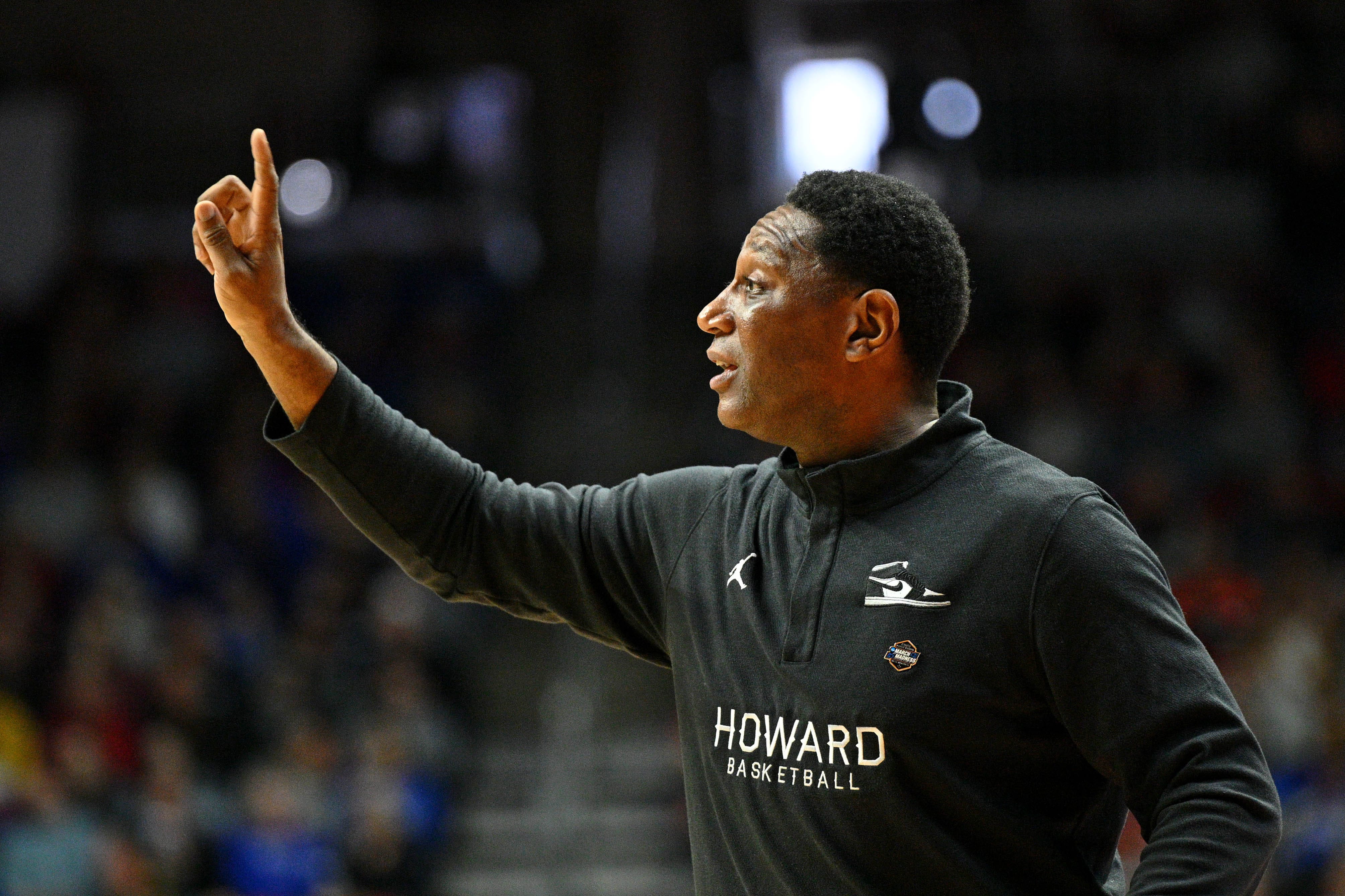 Howard Bison head coach Kenny Blakeney instructs his team against the Kansas Jayhawks during the first half at Wells Fargo Arena.