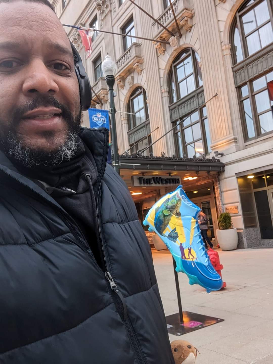 During April, Ed Cliett's feet and his city pride brought him to The Westin Book Cadillac Detroit hotel where he spent time with the DECLEATED artwork created by Wendy Popko,