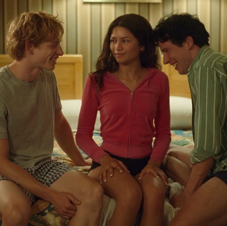 As teenagers, Art (Mike Faist, far left), Tashi (Zendaya) and Patrick (Josh O'Connor) get together for a night that sets a tumultuous course for the rest of their lives in tennis drama "Challengers."