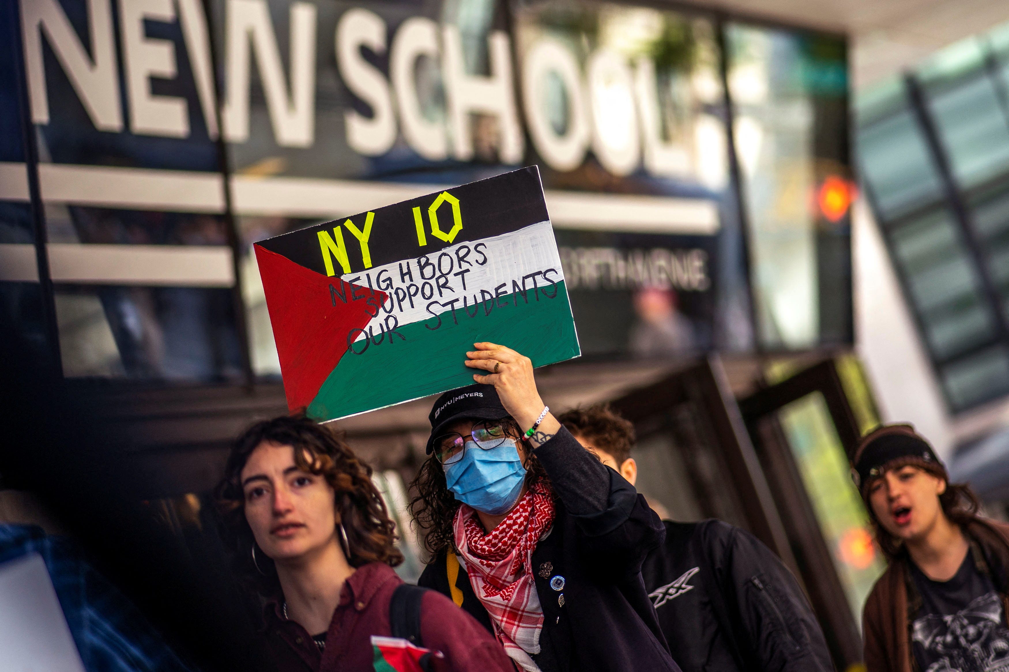 People demonstrate outside The New School University Center in support of Palestinians in New York on April 23, 2024.