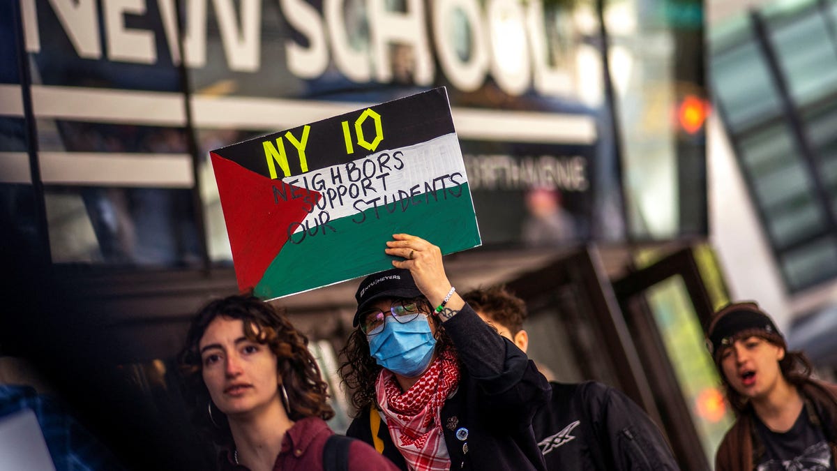 People demonstrate outside The New School University Center in support of Palestinians in New York on April 23, 2024.