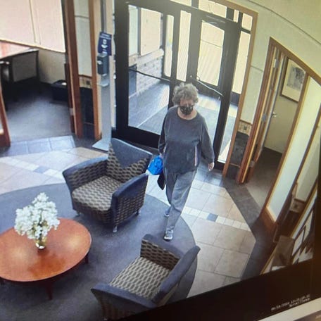 Pictured is an image captured from surveillance video of Ann Mayers allegedly robbing a Fairfield Township credit union in Butler County, Ohio on April 19, 2024.