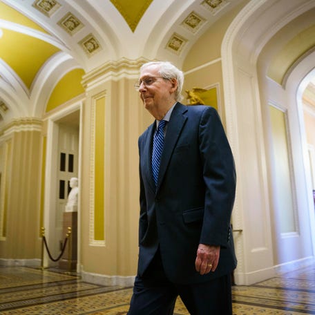 Senate Minority Leader Mitch McConnell (R-KY) walks to the Senate Chambers as the Senate takes up a $95B foreign aid package for Ukraine, Israel and Taiwan on Tuesday, April 23, 2024.