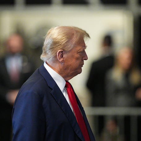 April 23, 2024; New York, NY, USA; Former President Donald Trump appears in Manhattan Supreme Court for the 6th day of the hush money trial against him on April 23 2024. Mandatory Credit: Curtis Means/USA TODAY Network