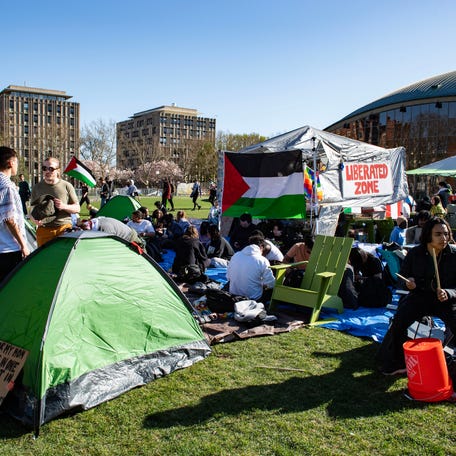 Pro-Palestinian supporters from Harvard University and the Massachusetts Institute of Technology (MIT) rally at MIT at an encampment for Palestine at MIT in Cambridge, Mass., on April 22, 2024.