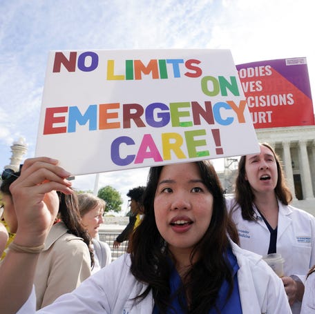 Abortion rights supporters demonstrate outside the Supreme Court as justices hear oral arguments on April 24, 2024, over Idaho's near-total abortion ban in medical emergencies. Two months later, the justices dismissed the case, clearing the way for emergency abortions to go forward, at least for now, in Idaho.