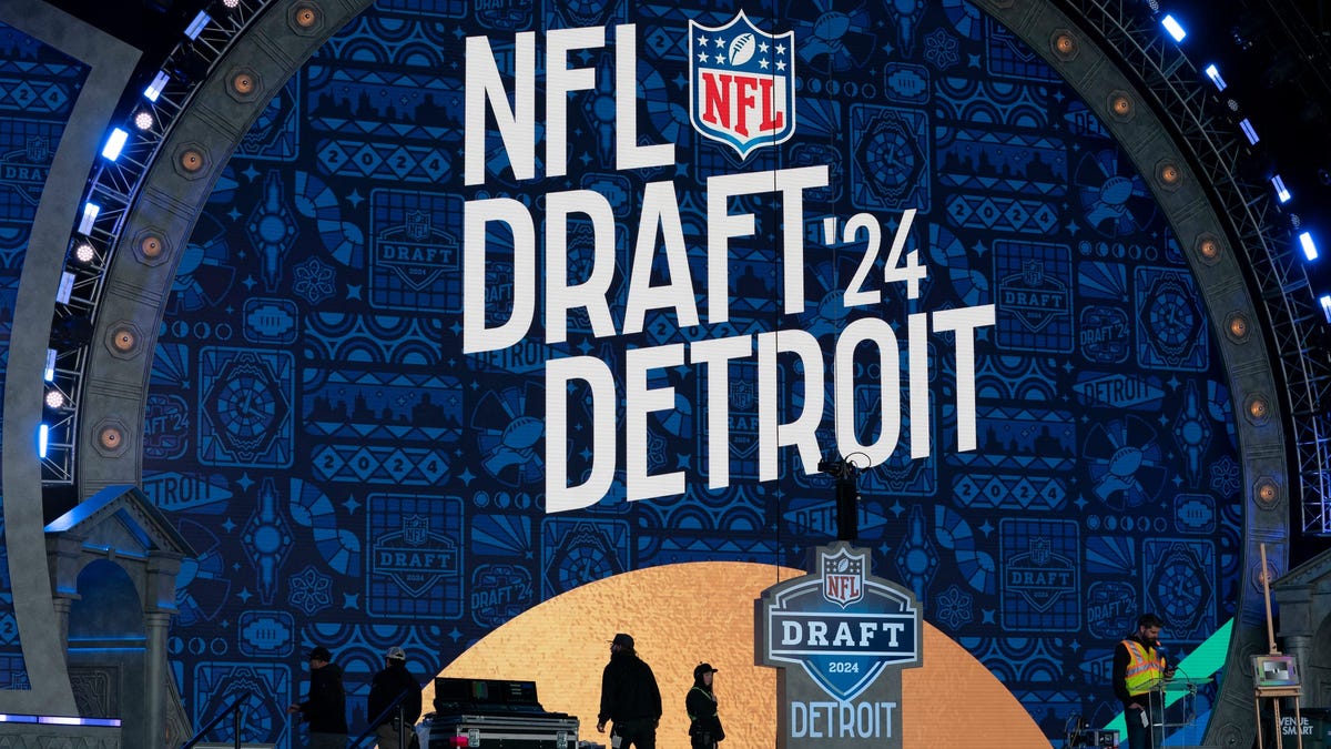 Members of the NFL are setting up the main theater area on Tuesday, April 23, 2024 for the NFL DRAFT that will be held in Detroit later this week.
