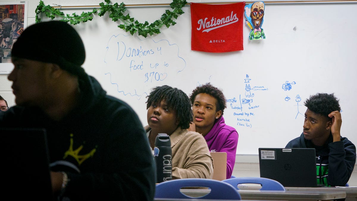 Students participate in a African American Studies class at South County High School in Lorton, Virginia, on Feb. 15, 2024.