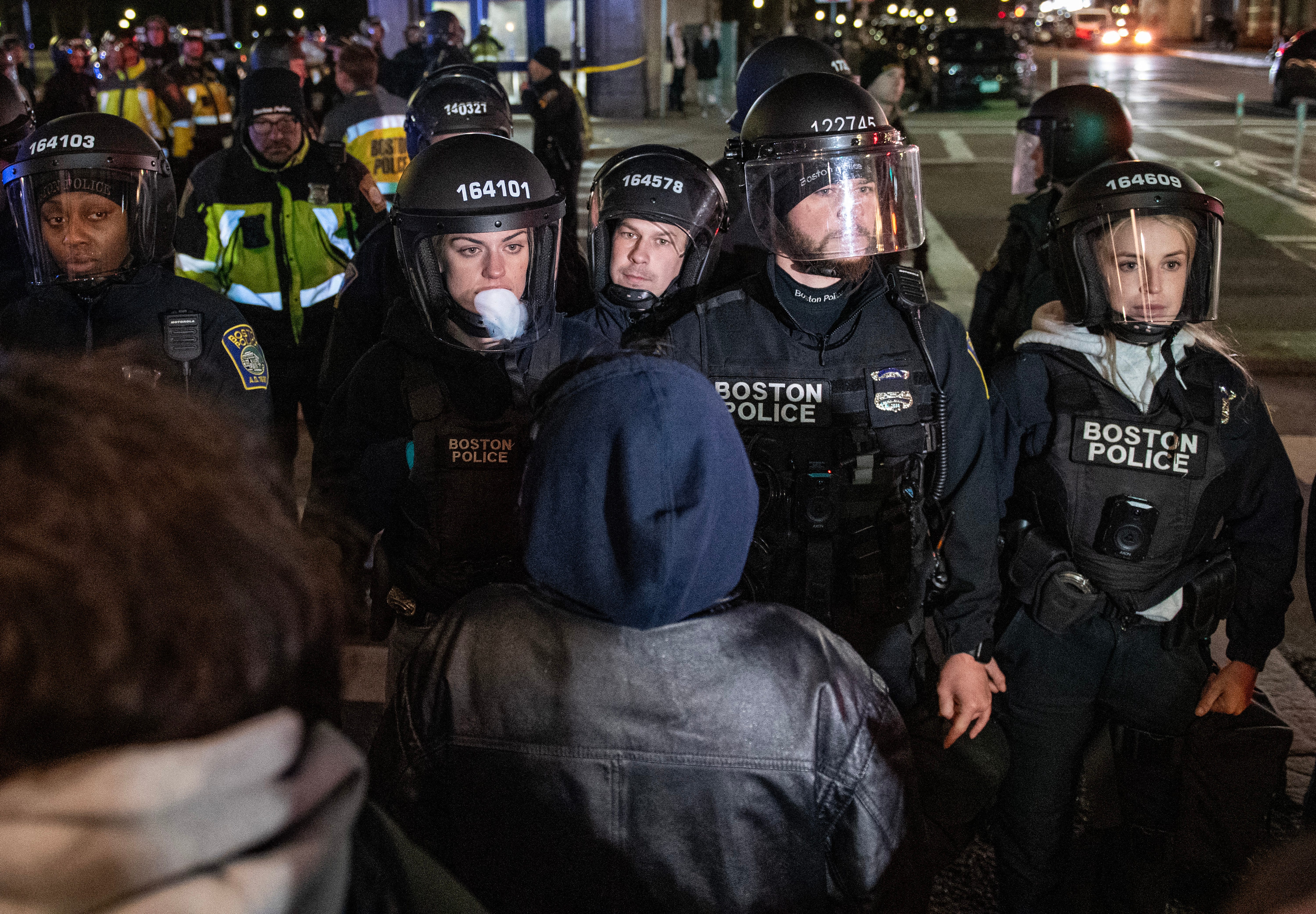 Police and pro-Palestinian supporters face off after the Emerson College Palestinian protest camp was cleared by police in Boston, Massachusetts, on April 25, 2024.