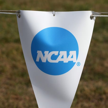 Nov 17, 2023; Charlottesville, VA, USA; The NCAA logo on a banner at the NCAA cross country championships course at Panorama Farms. Mandatory Credit: Kirby Lee-USA TODAY Sports
