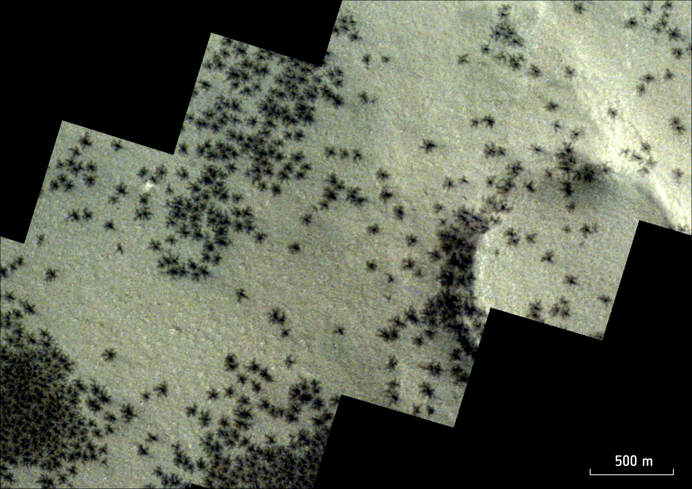 Features known as "spiders" near Mars's south pole, as seen by the CaSSIS (Colour and Stereo Surface Imaging System) instrument aboard ESA's ExoMars Trace Gas Orbiter.