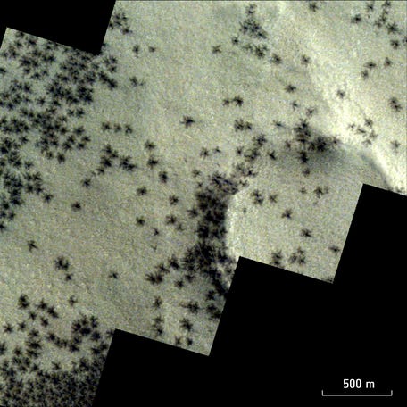 Features known as "spiders" near Mars's south pole, as seen by the CaSSIS (Colour and Stereo Surface Imaging System) instrument aboard ESA's ExoMars Trace Gas Orbiter.