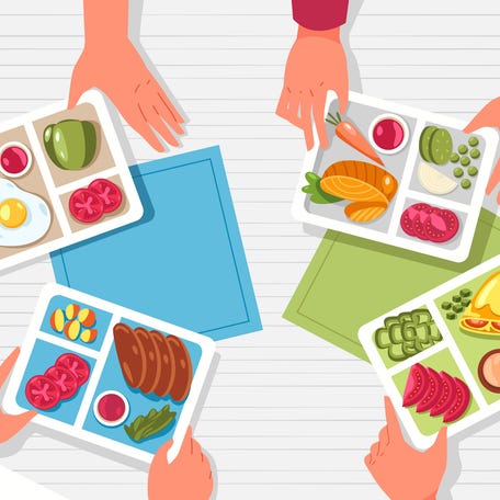 Hands with lunchbox. Arms holding containers with healthy food on table top view, cartoon flatlay with packed bags full of fruits vegetables. Vector illustration of lunchbox with snack breakfast