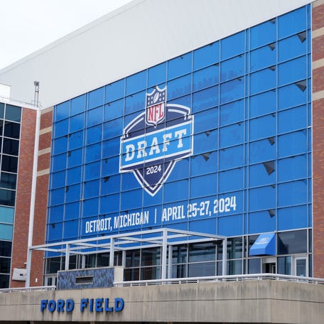 The 2024 NFL draft logo on the facade of Ford Field, home of the Detroit Lions on April 24, 2024.