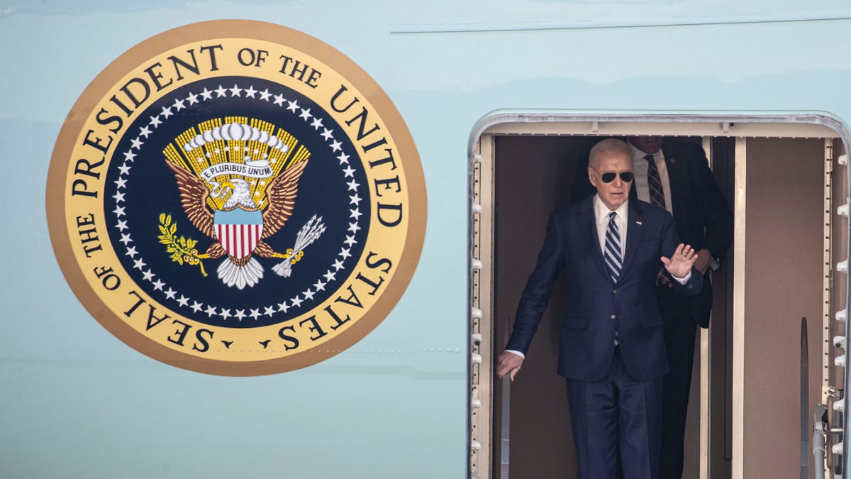 President Joe Biden departs Air Force One at John F. Kennedy International Airport in New York City April 25, 2024. Biden was in the New York City area to attend a private fundraising event at the home of actors Michael Douglas and Catherine Zeta-Jones in New York City suburb of Irvington, New York. (Via OlyDrop)