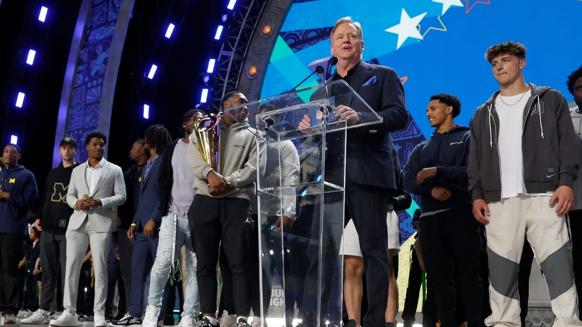 NFL commissioner Roger Goodell introduces members of the University of Michigan football team and their recent National Championship trophy before the start of the second round of 2024 NFL draft in Detroit on Friday, April 26, 2024.