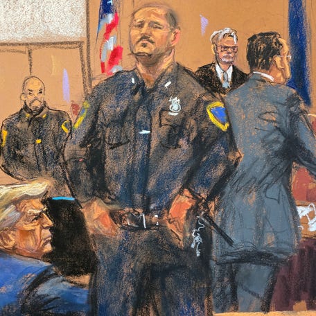 David Pecker is questioned by a prosecutor during former President Donald Trump's criminal trial on charges he falsified business records to conceal money paid to silence porn star Stormy Daniels in 2016, in Manhattan April 26, 2024 in this courtroom sketch.