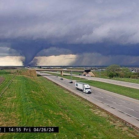 This traffic cam image obtained from the Nebraska Department of Transportation shows a tornado crossing Interstate Highway 80 near Waverly, Nebraska, on April 26, 2024.