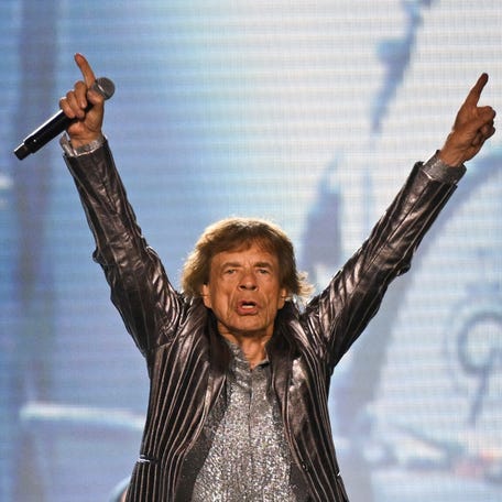 Mick Jagger gets the NRG Stadium crowd amped up in Houston for opening night of the Hackney Diamonds Tour, April 28, 2024.