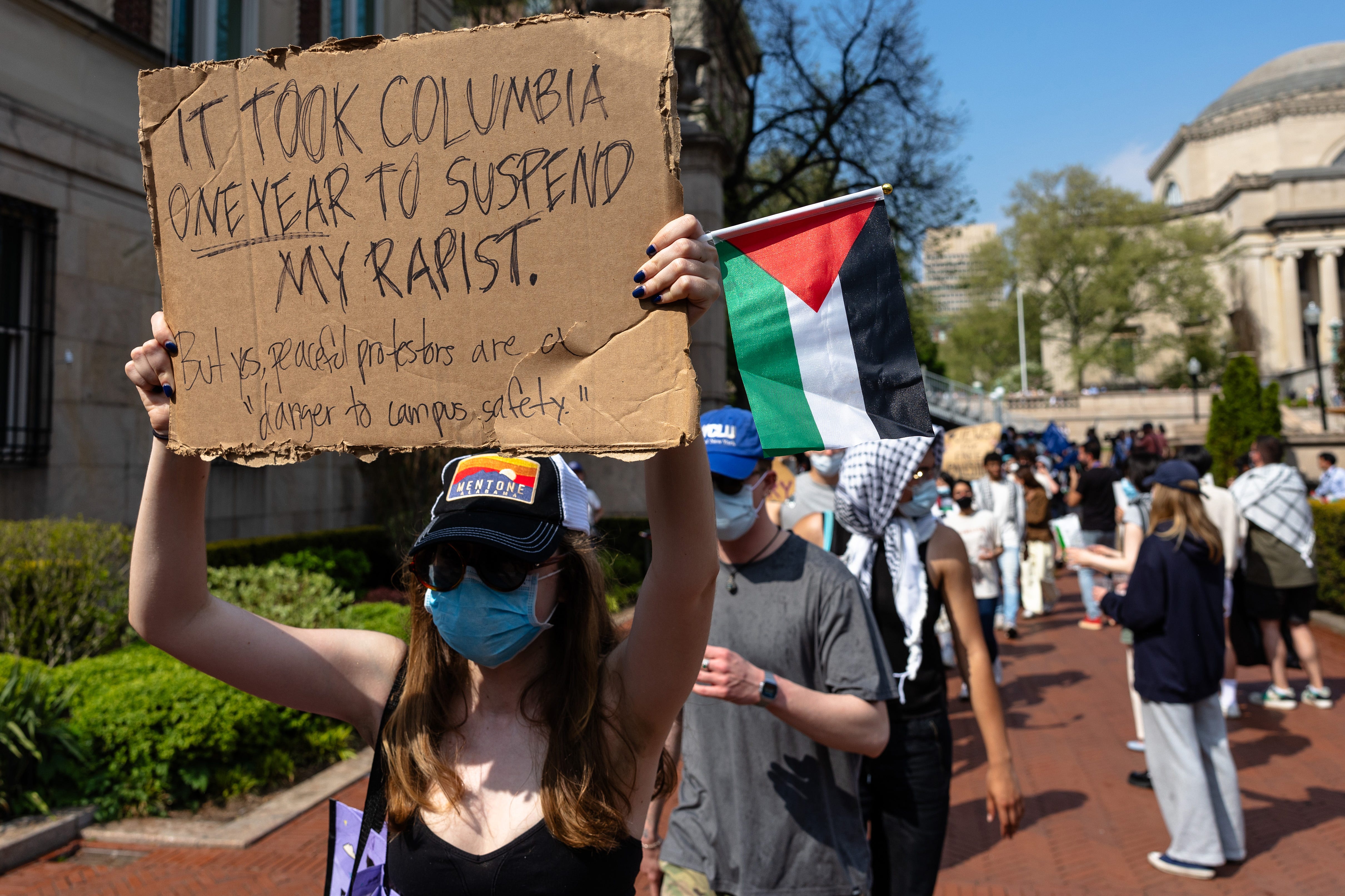 Pro-Palestinian demonstrators march around the "Gaza Solidarity Encampment" in the West Lawn of Columbia University on April 29, 2024 in New York City.