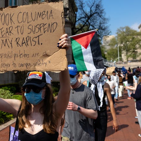 Pro-Palestinian demonstrators march around the "Gaza Solidarity Encampment" in the West Lawn of Columbia University on April 29, 2024 in New York City.