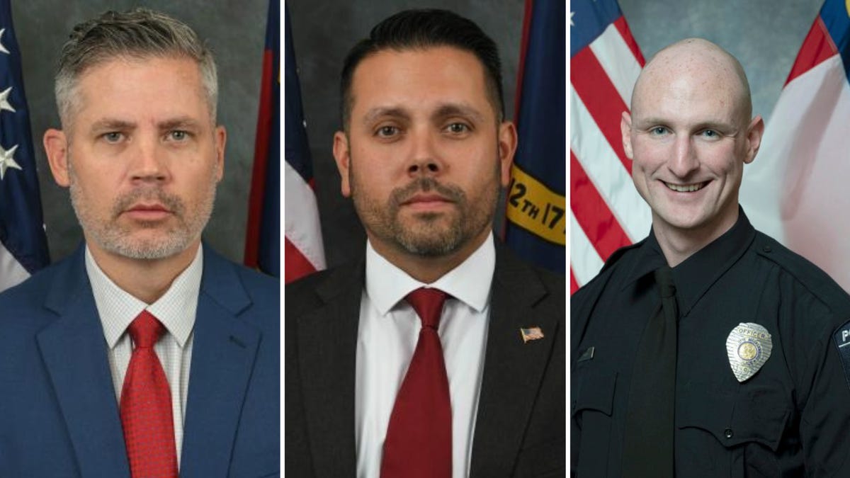 From left, William Elliott, Samuel Poloche and Joshua Eyer. All three men were among four officers who were killed on Monday during an incident that broke out when officers attempted to serve a warrant at a house in Charlotte, North Carolina, authorities said.