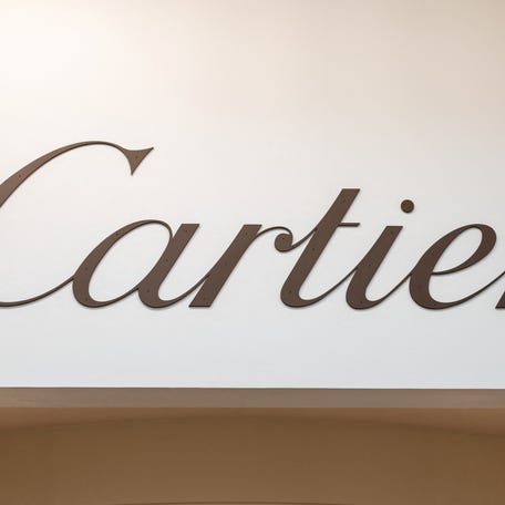 A logo of watchmaker Cartier is pictured during the Watches and Wonders fair in Geneva, Switzerland, April 9, 2024.
