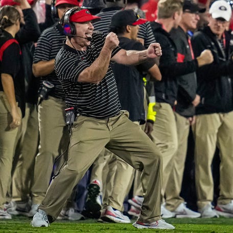 Nov 5, 2022; Athens, Georgia, USA; Georgia Bulldogs head coach Kirby Smart (red visor) reacts as time runs out during the game against the Tennessee Volunteers during the second half at Sanford Stadium. Mandatory Credit: Dale Zanine-USA TODAY Sports