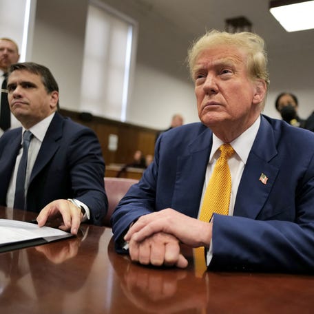 Former US President Donald Trump attends his trial for allegedly covering up hush money payments linked to extramarital affairs at Manhattan Criminal Court in New York City on May 2, 2024. Trump, 77, is accused of falsifying business records to reimburse his lawyer, Michael Cohen, for a $130,000 hush money payment made to porn star Stormy Daniels just days ahead of the 2016 election against Hillary Clinton.
