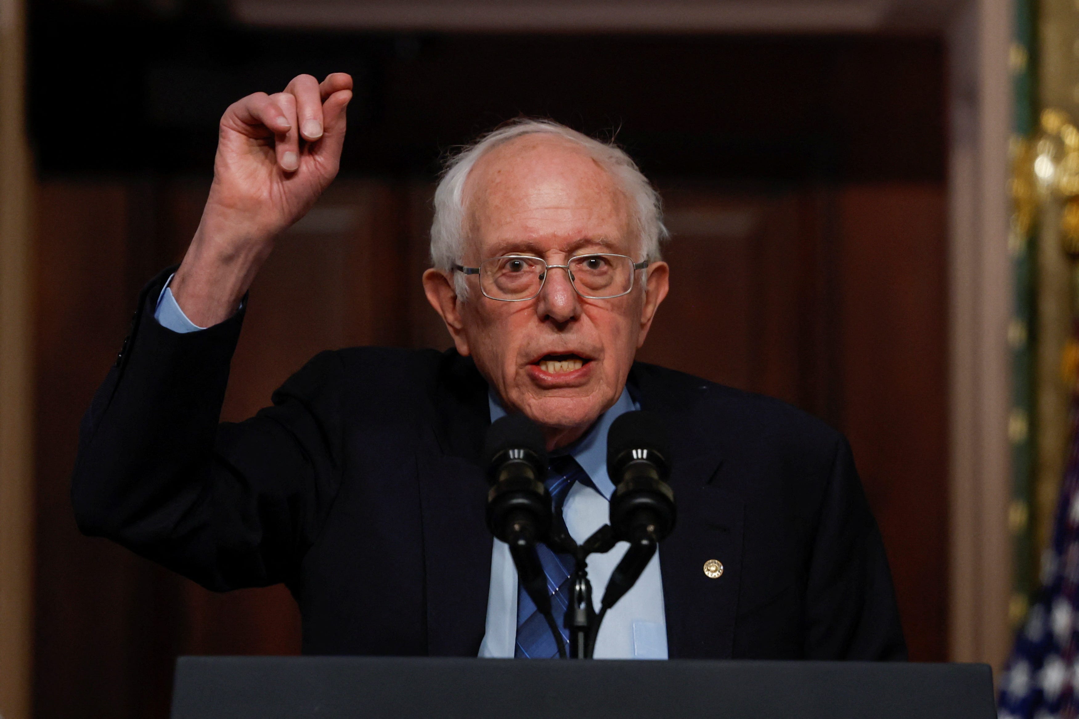 U.S. Senator Bernie Sanders (I-VT) gestures while delivering remarks on lowering healthcare costs in the Eisenhower Executive Office building at the White House complex in Washington, D.C. on April 3, 2024.
