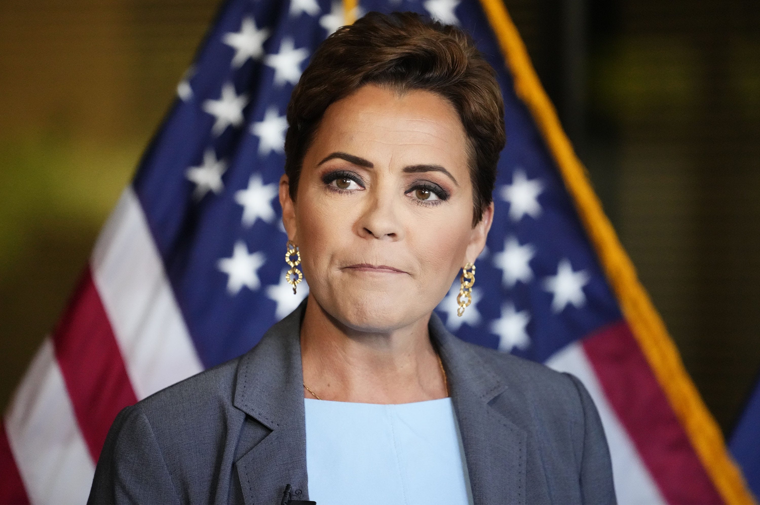 Republican U.S. Senate candidate Kari Lake delivers a statement during a news conference in Phoenix on May 3, 2024.