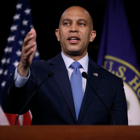 House Minority Leader Hakeem Jeffries, D-N.Y., talks to reporters during a news conference in the U.S. Capitol Visitors Center on April 11, 2024 in Washington, DC.