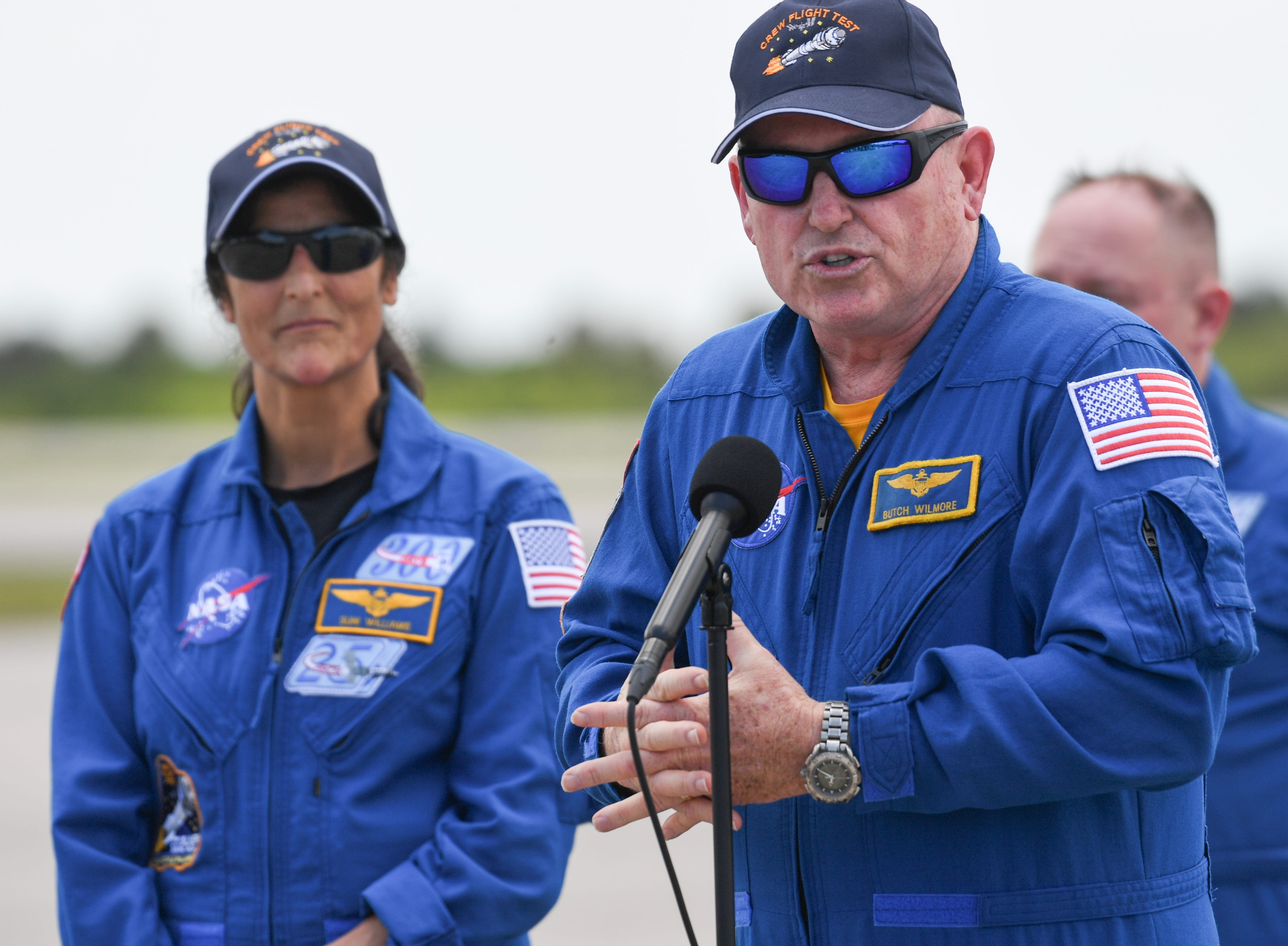 Astronauts Sunita Williams and Butch Wilmore speak to the media April 25 at Kennedy Space Center. They will be among the crew of a Boeing Starliner capsule atop a United Launch Alliance Atlas V rocket to the International Space Station.