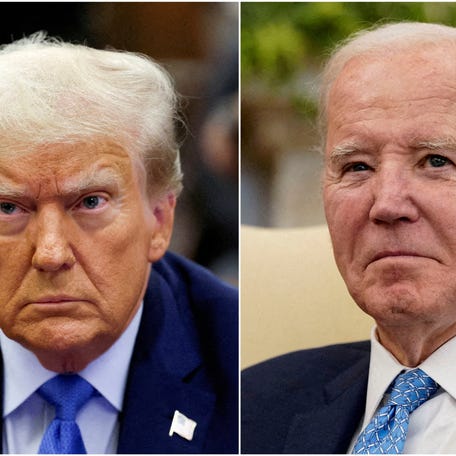 FILE PHOTO: Combination picture showing former U.S. President Donald Trump attending the Trump Organization civil fraud trial, in New York State Supreme Court in the Manhattan borough of New York City, U.S., November 6, 2023 and U.S. President Joe Biden participating in a meeting with Italy's Prime Minister Giorgia Meloni in the Oval Office at the White House in Washington, U.S., March 1, 2024.   REUTERS/Brendan McDermid and Elizabeth Frantz/File Photo