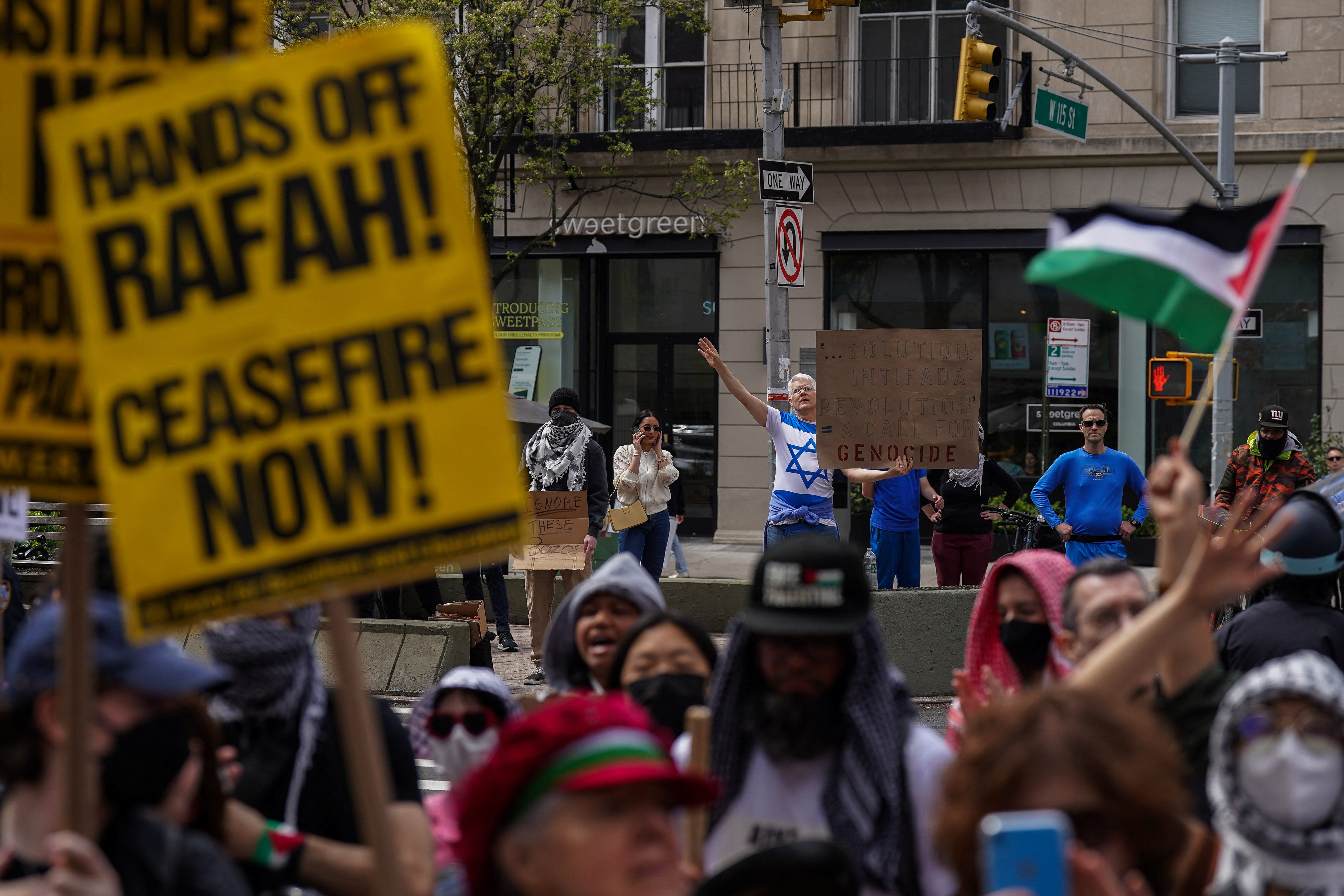 Demonstrators gather outside of Columbia University to demand a ceasefire and the end of Israeli attacks on Gaza, during the ongoing Israel-Hamas war during a protest in NYC on April 20, 2024.