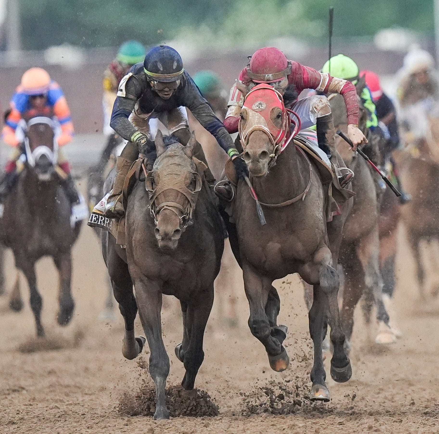 Jockey Tyler Gaffalione on Sierra Leone, left, puts his hand and whip on Forever Young with jockey Ryusei Sakai aboard as the two drive down the stretch to catch Mystik Dan with jockey Brian J. Hernandez. Mystik Dan won the 2