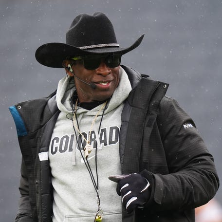 Colorado head coach Deion Sanders looks on during the Buffaloes' spring game event at Folsom Field.