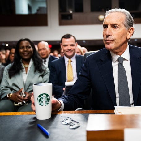 Former Starbucks CEO Howard Schultz testifies in front of the Senate Committee on Health, Education, Labor and Pensions about Starbucks' alleged union busting activities in Washington on March 29, 2023.