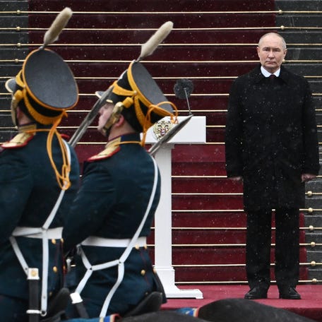 Russian President Vladimir Putin reviews honour guards of the Presidential regiment following his inauguration ceremony at the Kremlin in Moscow, Russia May 7, 2024.