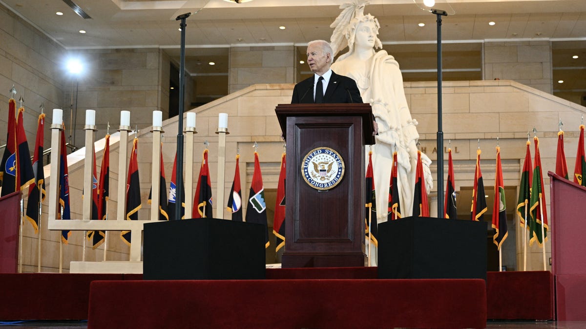 US President Joe Biden speaks at the annual Days of Remembrance ceremony for Holocaust survivors at the US Capitol in Washington, DC, on May 7, 2024. (Photo by Brendan SMIALOWSKI / AFP)