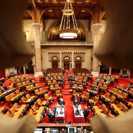 The New York State Legislative Assembly in session in the Assembly Chamber at the New York State Capitol, in Albany, New York, U.S., on March 15, 2021.