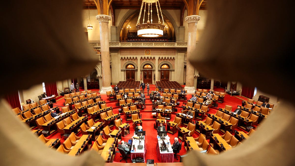 The New York State Legislative Assembly in session in the Assembly Chamber at the New York State Capitol, in Albany, New York, U.S., on March 15, 2021.