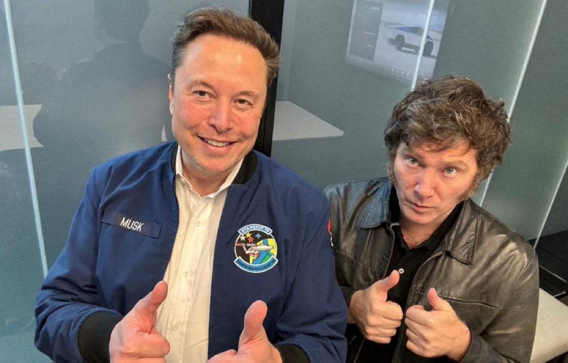 Argentine President Javier Milei and Tesla CEO Elon Musk at the Tesla factory in Austin, Texas, on April 12, 2024.
