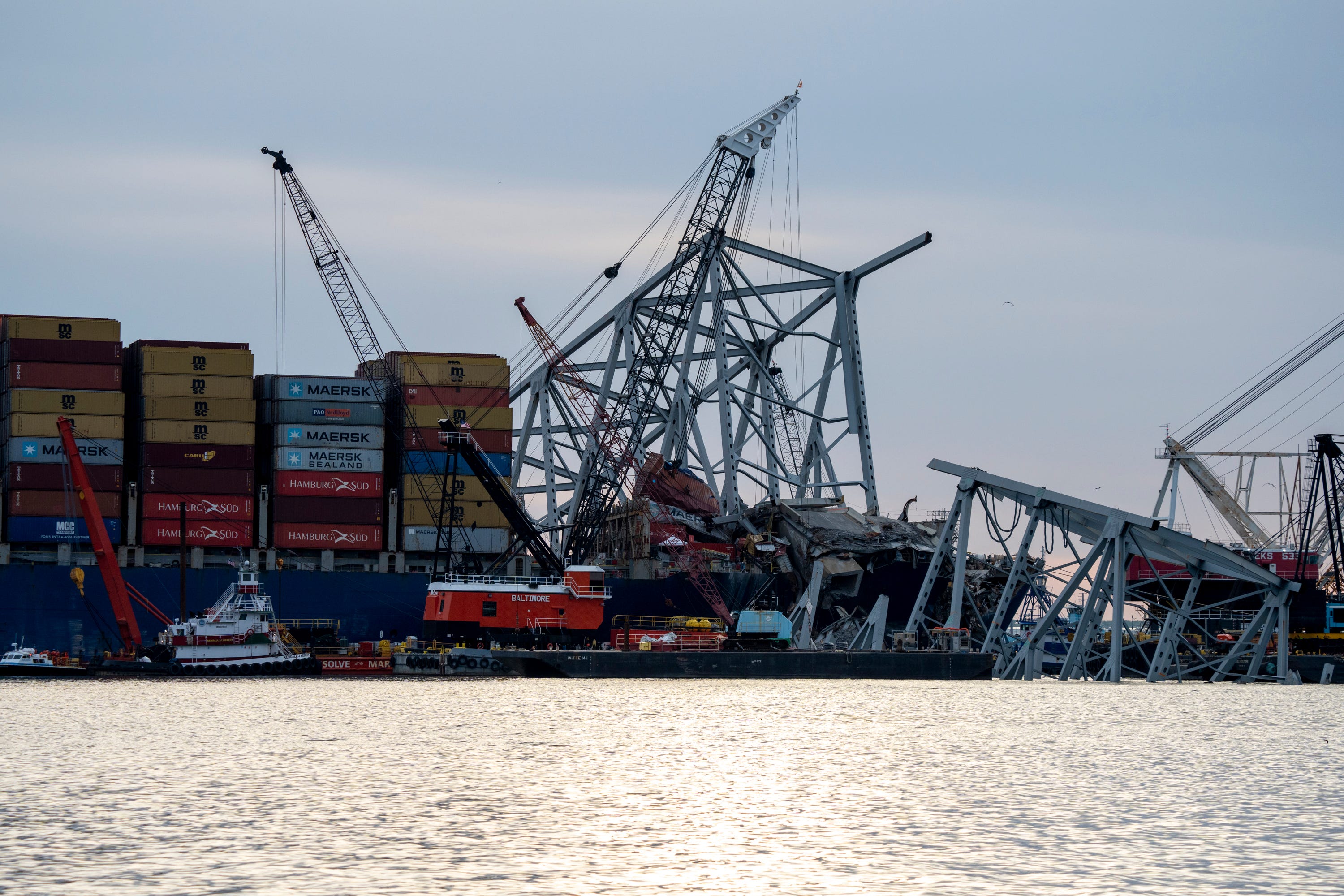 Salvage work continues on the Francis Scott Key Bridge on May 9, 2024. The major span over the Patapsco River in Baltimore collapsed on March 26, 2024 after it was struck by a Singapore-flagged container ship 'Dali', killing six road workers who were on the bridge at the time.