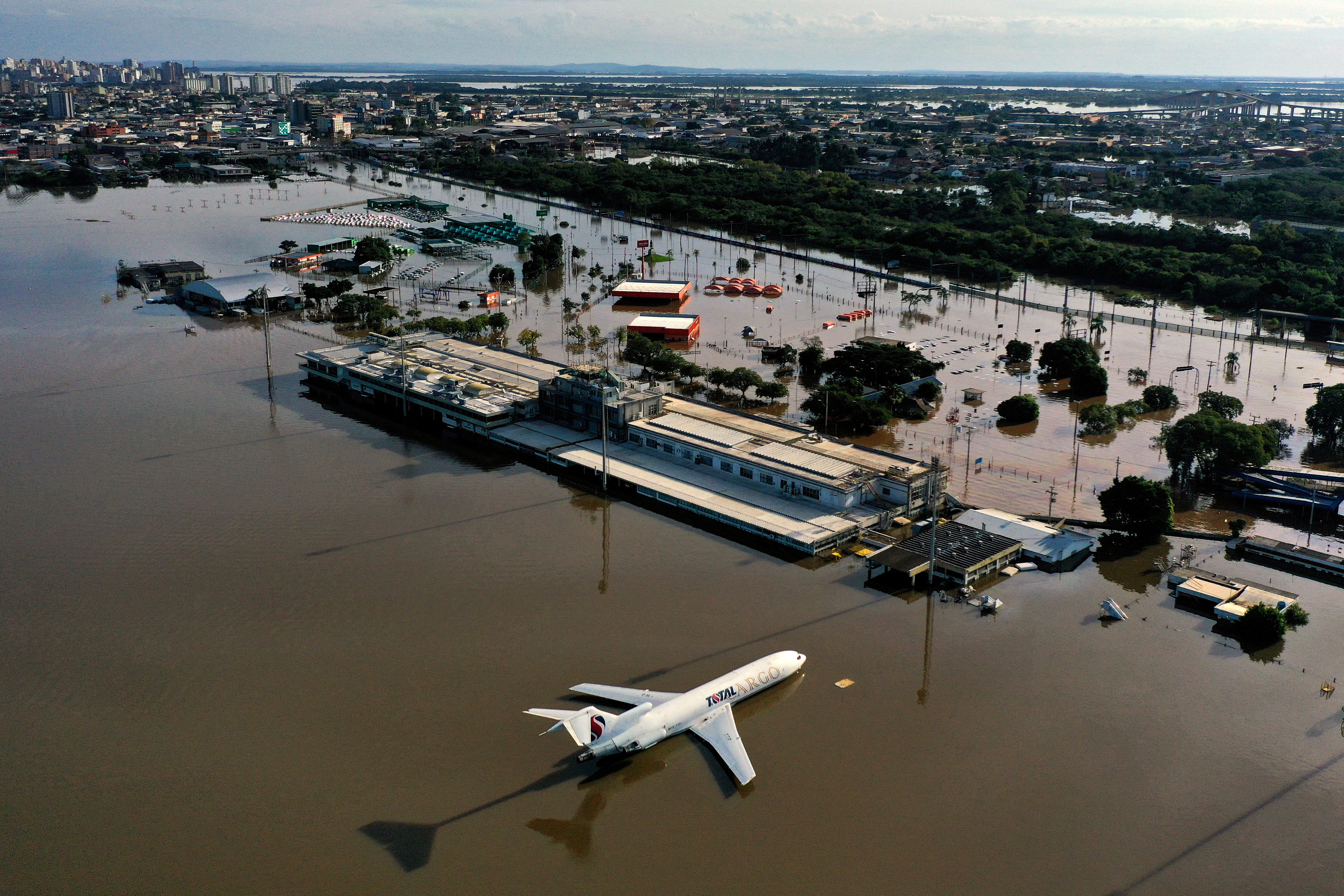 A drone shot shows a cargo plane at the flooded Salgado Filho International Airport in Porto Alegre in Rio Grande do Sul, Brazil, May 7, 2024.